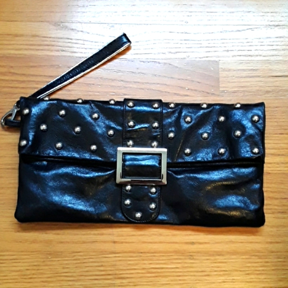 Sabina Leather  Wristlet  Clutch Black  Buckle And Studs